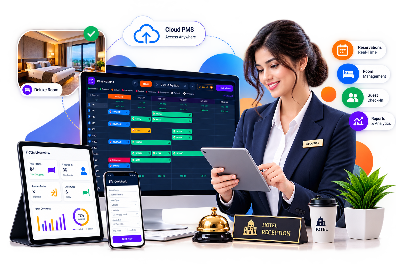 Hotel receptionist using PMZON system